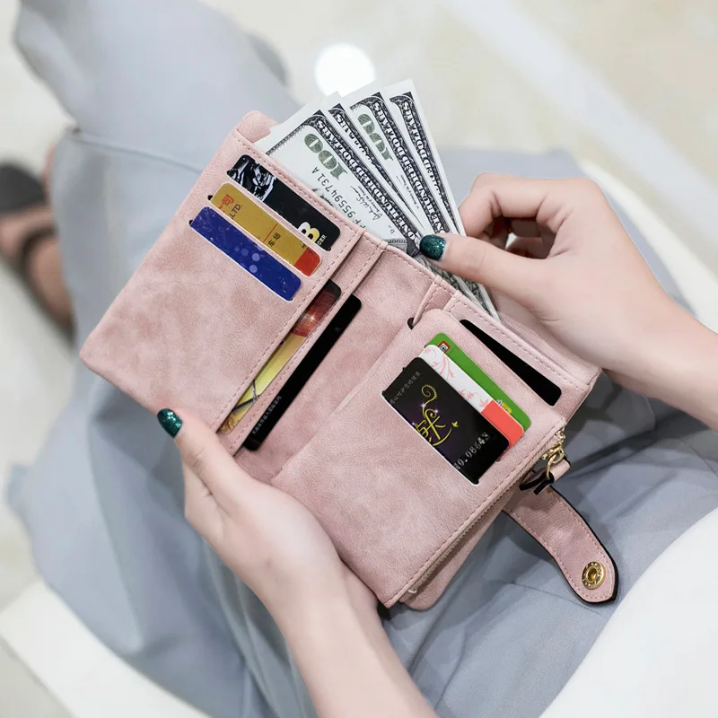 Women Fashion Matte Short Wallet PU Leather Zipper Hasp Frosted Ladies Purses Money Coin ID Card Holder Girls Cute Clutch