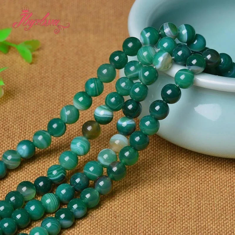 Natural Stripe Agates Smooth Green Round Bead Ball 6/8/10/12mm Stone Beads For DIY Necklace Bracelets Jewelry Making Strand 15\