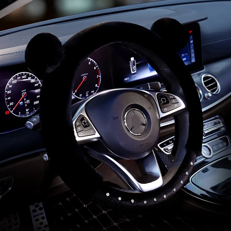 Cartoon Cute Panda Plush Car Steering Wheel Cover Universal Winter Rhinestone Steering Wheel Case Soft Fluffy Auto Accessories