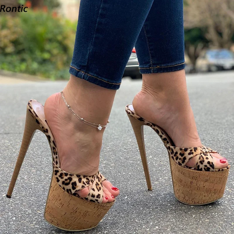 

Rontic New Women Platform Mules Sandals Cork Pattern Sexy Stiletto Heels Open Toe Pretty Leopard Party Shoes Size 34 45 47 52