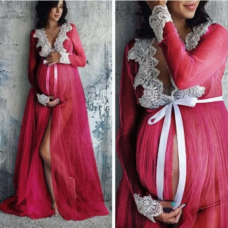 Maternity Dresses for Photo Shoot One-piece Lace Pregnancy Photography Clothes Mopping Dress for Pregnant Front Split Net Yarn