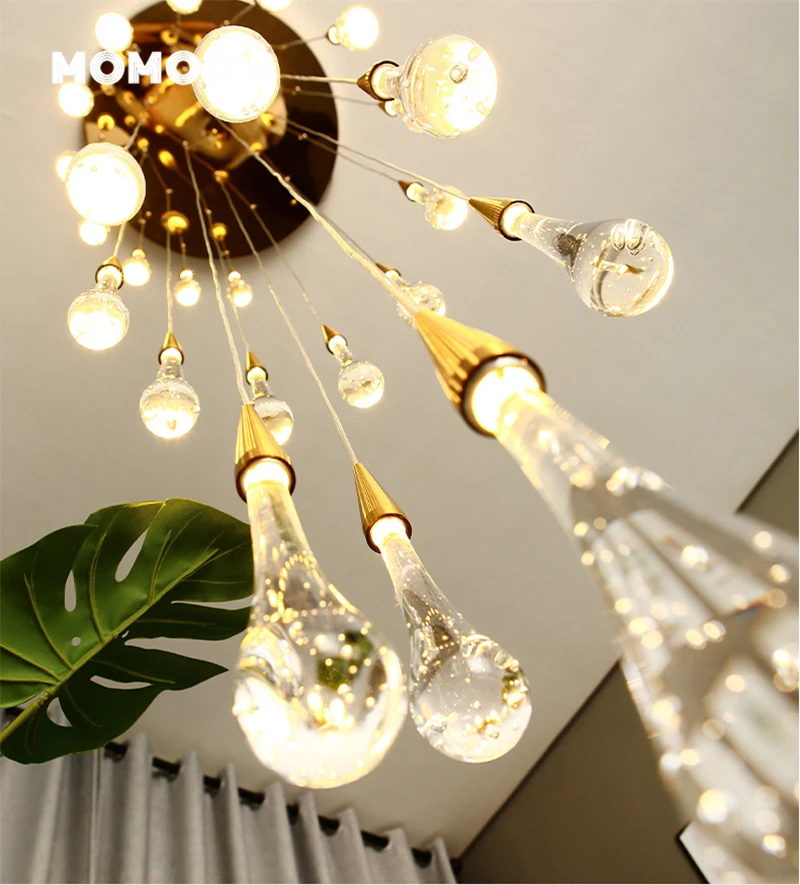 Nordic Water Drop LED Chandeliers Modern Gold Metal Bubble Crystal Pendant Lamps Bedroom Living Room Staircase Lights Fixture