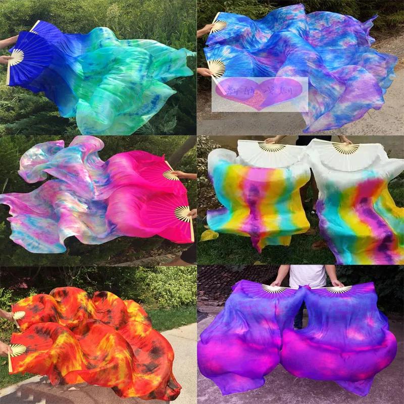 New Tie-Dyed 100% Silk Belly Dance Silk Fan Veil Professional Bamboo Folding Fan Veils Stage Show Props Fan Customized Color