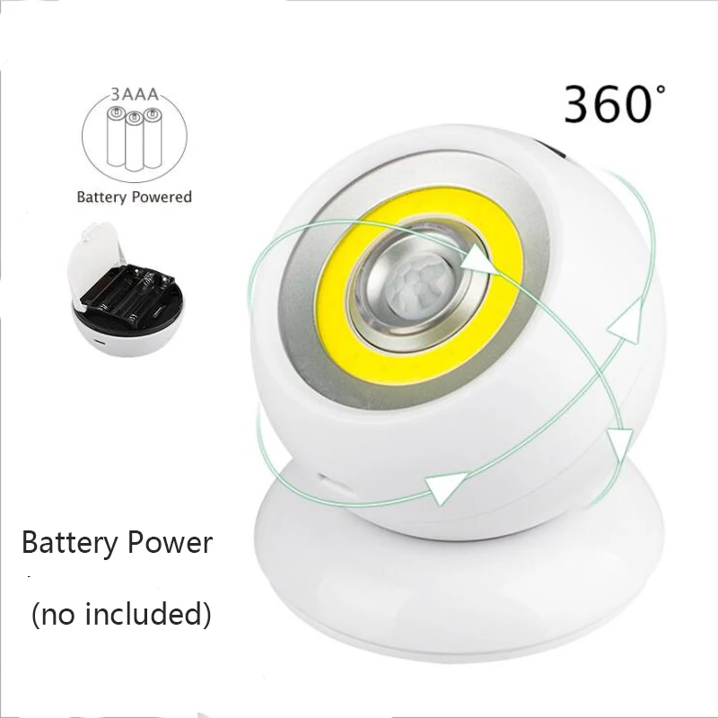 360 °   Rotatif COB boule lumière PIR capteur de mouvement LED veilleuse USB/alimenté par batterie a