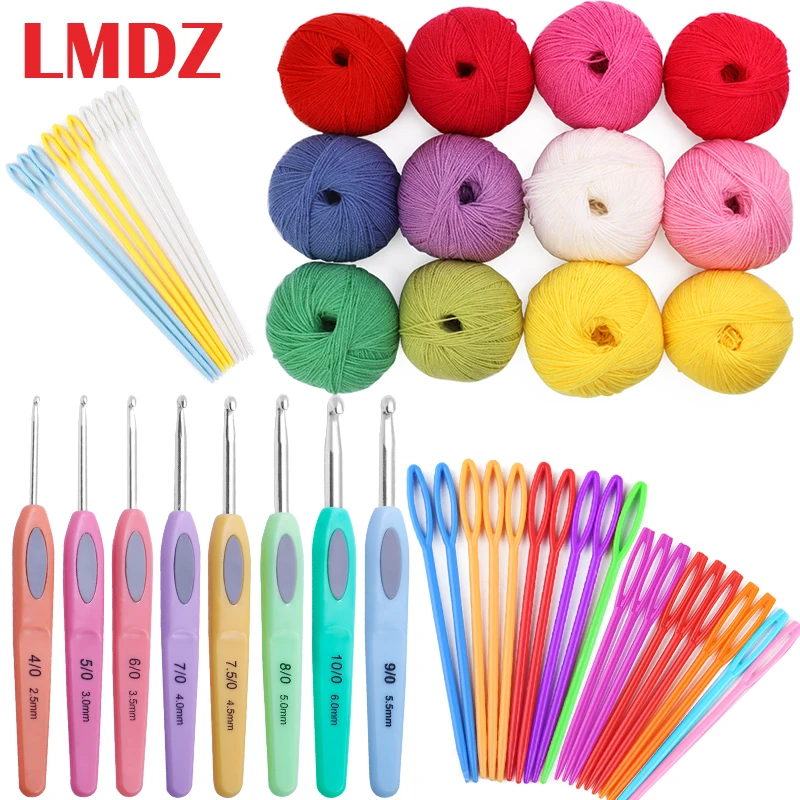 LMDZ Knitting Set Colorful Woolen Yarn DIY Woven Cotton Thread Crochet Hooks and Plastic Knitting Needles for Gloves Socks