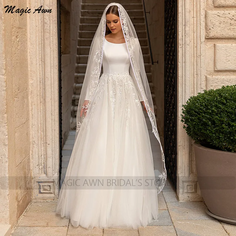 Magic Awn 2022 White Wedding Dresses Lace Appliques Long Sleeves Modest Wedding Party Gowns For Bride A-Line Abito Da Sposa