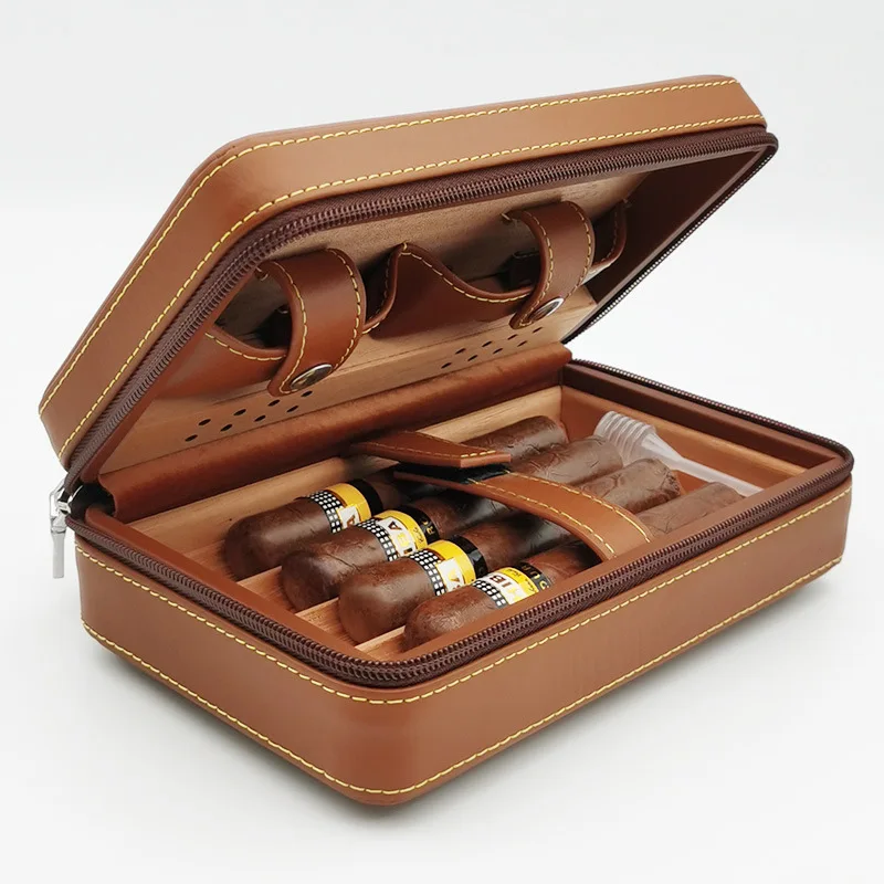 Cigar Supplies Portable Cedar Wood Cigar Humidor Box Travel Leather Cigar Case Storage 4 Cigars Box Humidor For Cohiba Cigar