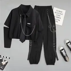 Women's Cargo Pants Handsome Cool 2 Two-piece Suit Sets with Chain Harajuku Long Sleeve+ribbon Pants Spring Autumn Overalls Tops