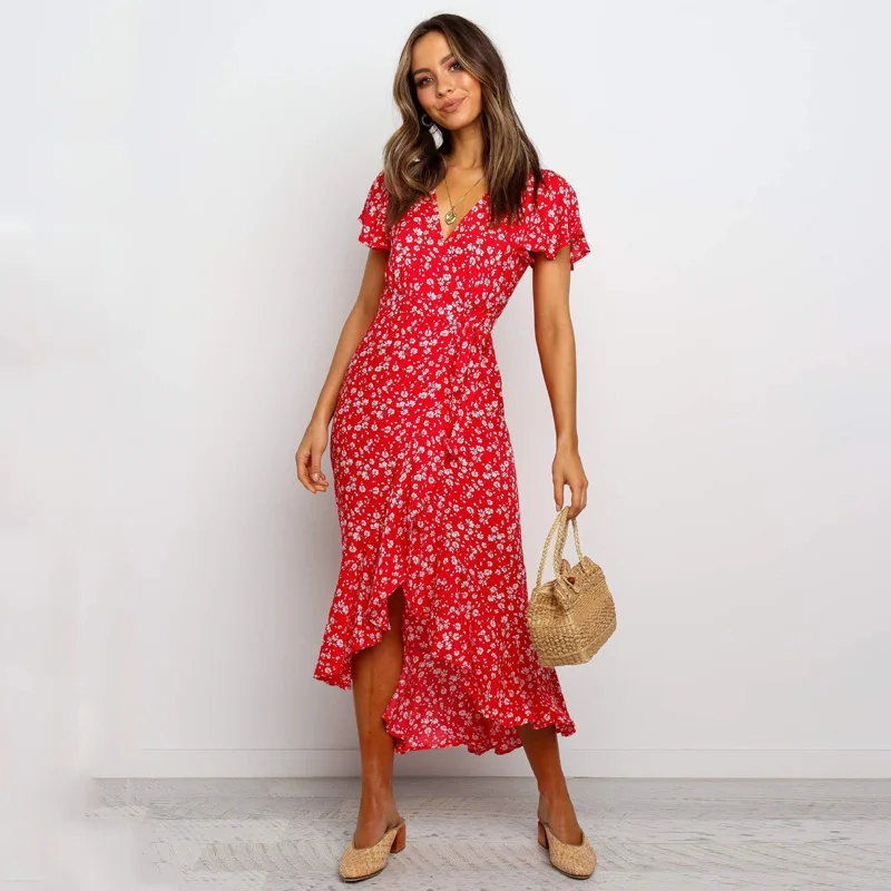 

Ardm Fashion V Neck Flared Sleeve Holiday Style Beach Summer Dress Wrap Ruffled Boho Women Dress Short-Sleeved Floral Dress