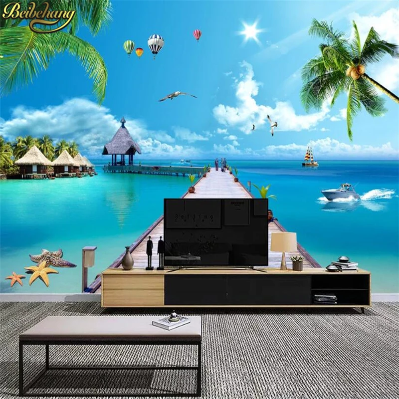 Custom 3d photo wallpaper Palm beach scenery Seaside scenery sofa TV background mural wall paper for living room