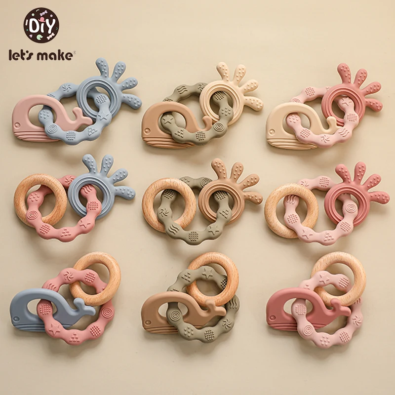 Let's Make 1Pcs Baby Wooden Ring Teether Bracelet Whale Octopus Newborn Baby Rattle Food Grade Silicone BPA Free Teething Toy