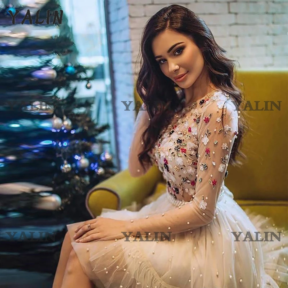 YALIN Pha Lê Đính Hạt Homecoming Áo Cổ Tròn Tay Dài Sinh Nhật Đầm Ngắn Thanh Lịch Vũ Hội Đồ Bầu Vestidos De Fiesta