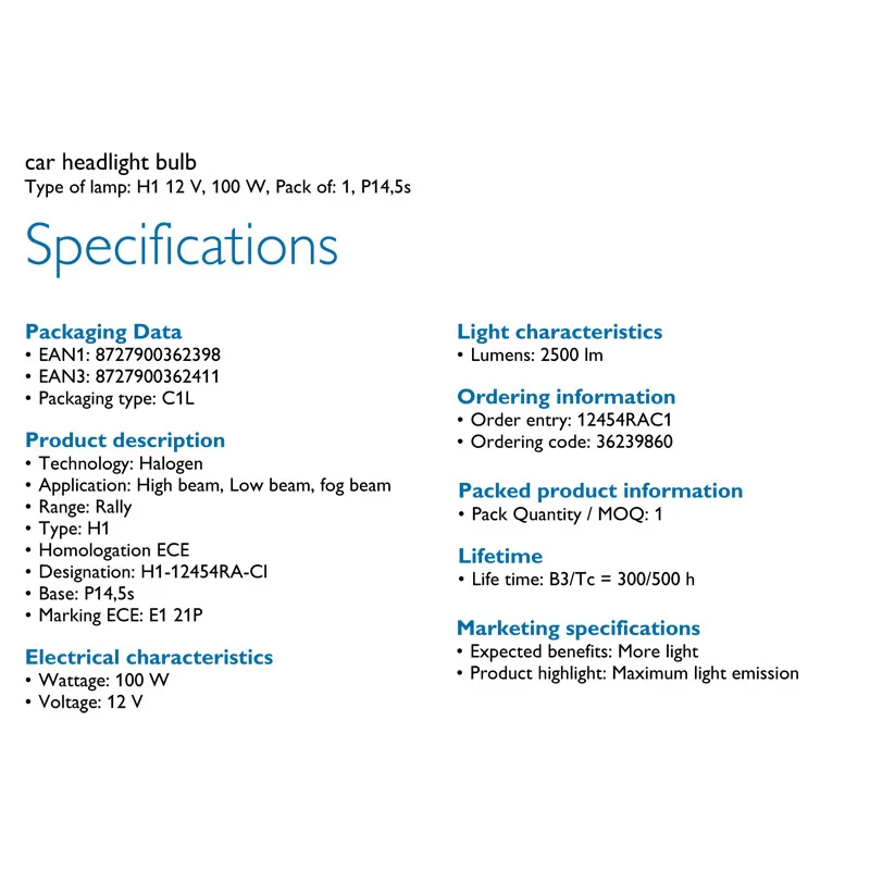 1X Philips RallyVision H1 12V 100W P14.5s Off Road Super Bright Light Car Halogen Original Genuine Headlight Auto Bulb 12454RAC1 - Image 5