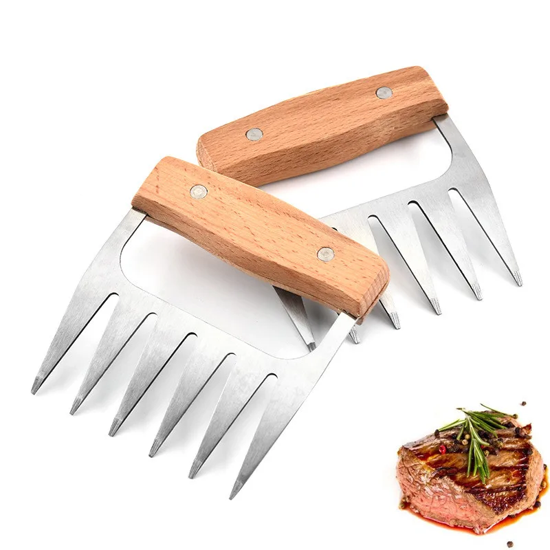 

2 Pcs Meat Shredder Claws - Stainless Steel Bear Claws Pulled Pork Meat Shredder Shredding Forks BBQ Claws Wooden Handle