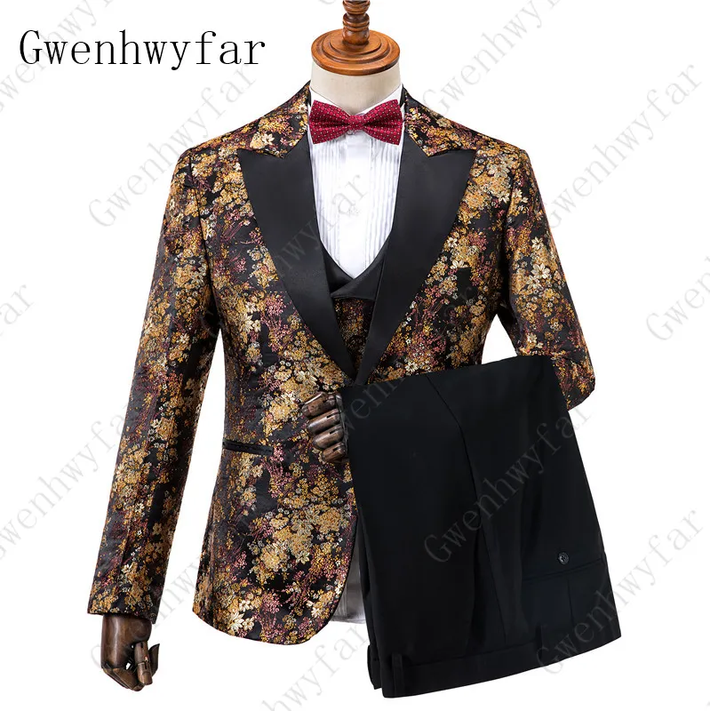 

Gwenhwyfar Men Suit Golden Floral Pattern Jacket Men Slim Fit Prom Suits 2023 Brand New Wedding Party Tuxedo (Jacket+Vest+Pants)