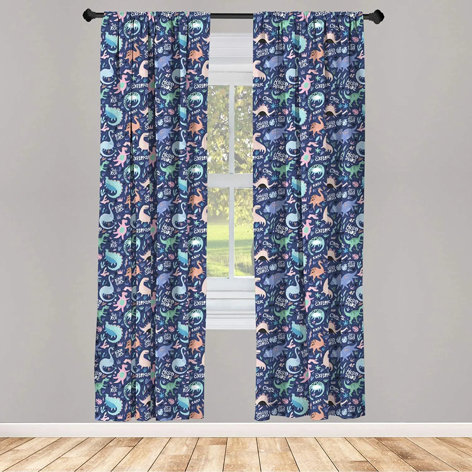 Indigo Multicolor Dinosaur Window Curtains Nursery Cartoonish Abstract Extinct Animals She-rex Lightweight Decorative