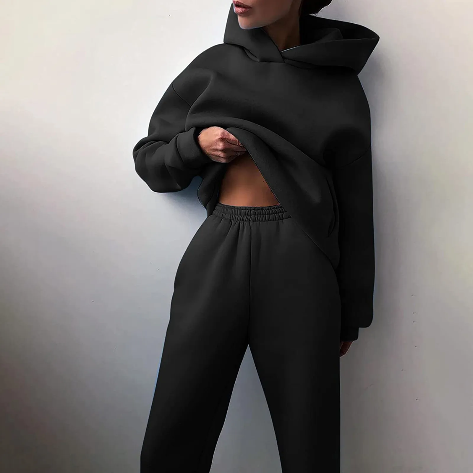 Women Tracksuit Two Piece Sets Solid Long Sleeve Hooded Oversized Hoodie Sweatshirts And Long Pants Autumn Warm Sports Suits