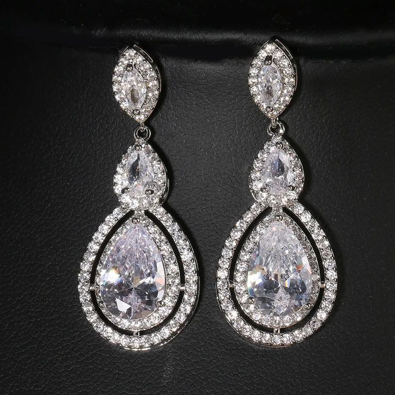 Ekopde Fashion Shiny Zircon Earrings For Women Geometric CZ Crystal Teardrop Earrings Bridal Wedding Jewelry Kolczyki Pendientes