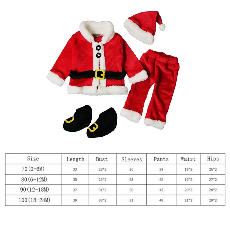 1Set Baby Christmas Santa Costumes Set Fleece Winter Newborn Clothing Set Tops Pants Hat Shoes for 0-24M Boys Girls Xmas Clothes