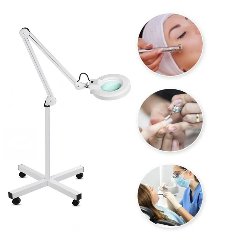 8X Magnifier Floor Stand Lamp Adjustable Cold Light LED Tattoo Lamp Nail Art Beauty Salon Light With 4 Omnidirectional Wheels