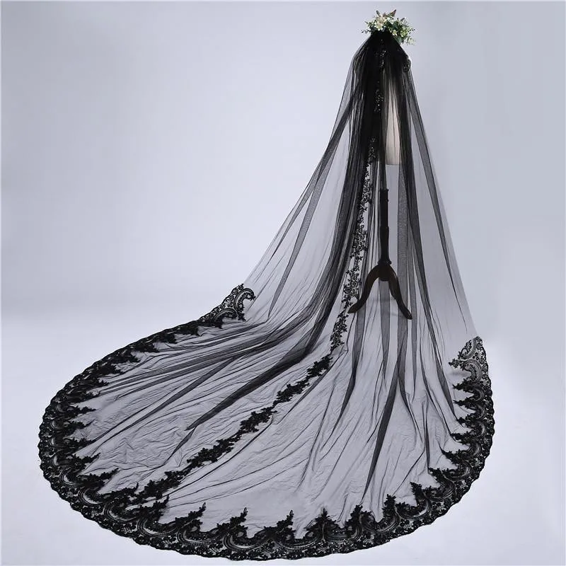 Real Pictures New Black Wedding Veil Cathedral Length Applique Lace Edge 1L With Comb Wedding Accessories Bridal Veil with Comb