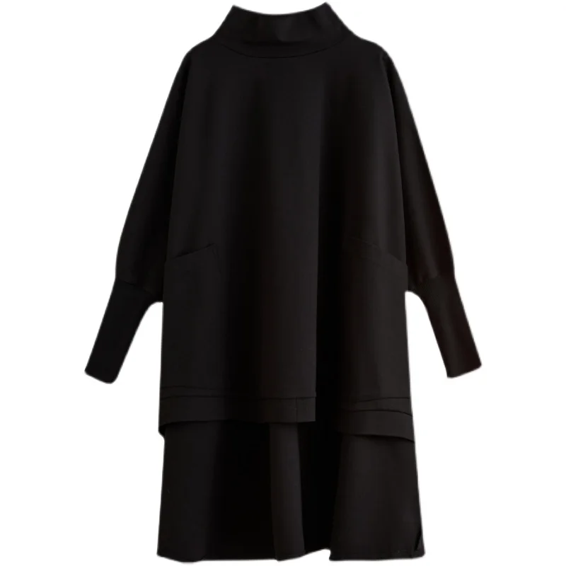 SuperAen Oversized Casual Tops Autumn 2021 Solid Full Batwing Sleeve Turtleneck Solid Black Loose Slim Sweatshirt Women