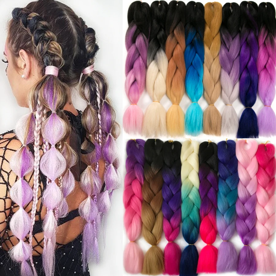 Ombre Synthetic Braiding Hair Extensions For Box Twist Braids 24 Inch 100g Jumbo Braids Ombre Tone Color Pink Black Blue