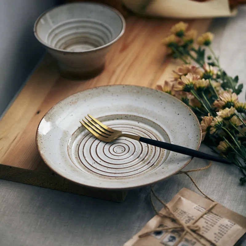 ANTOWALL Handmade Japanese tableware retro plate personality creative dinner plate pasta plate salad plate vintage stoneware - view 2