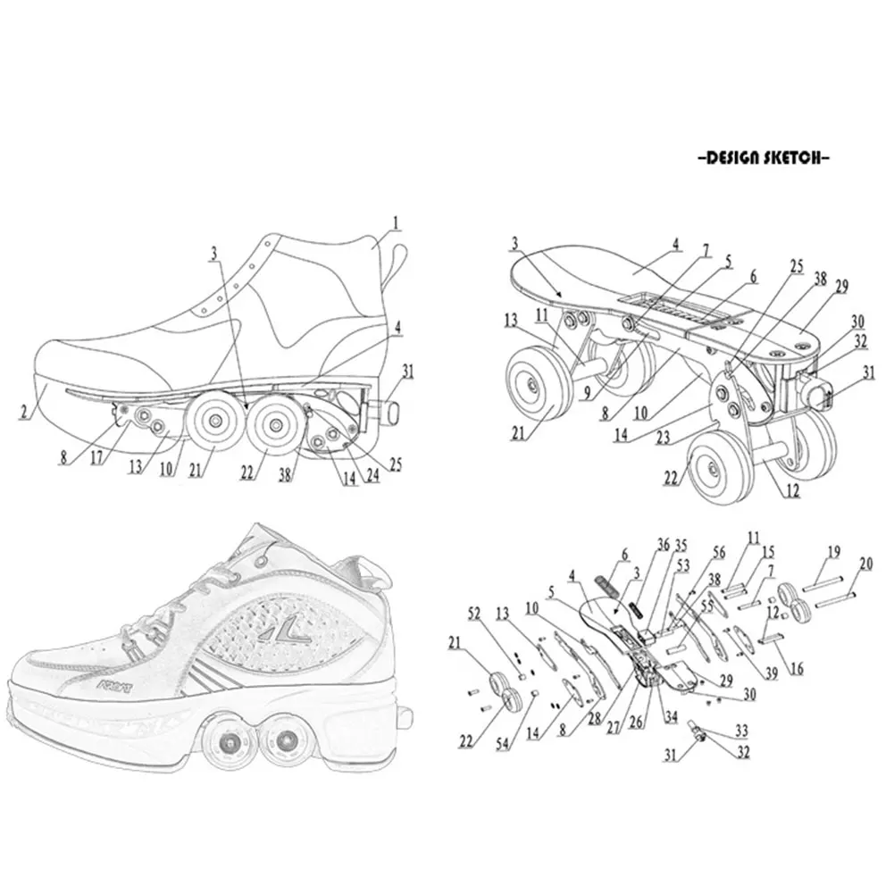 Vervormingsrolschoenen Parkour Wielschoenen 4 Wielen Loopschoenen Rolschaatsen Schoenen Voor Unisex Schaatsschoenen