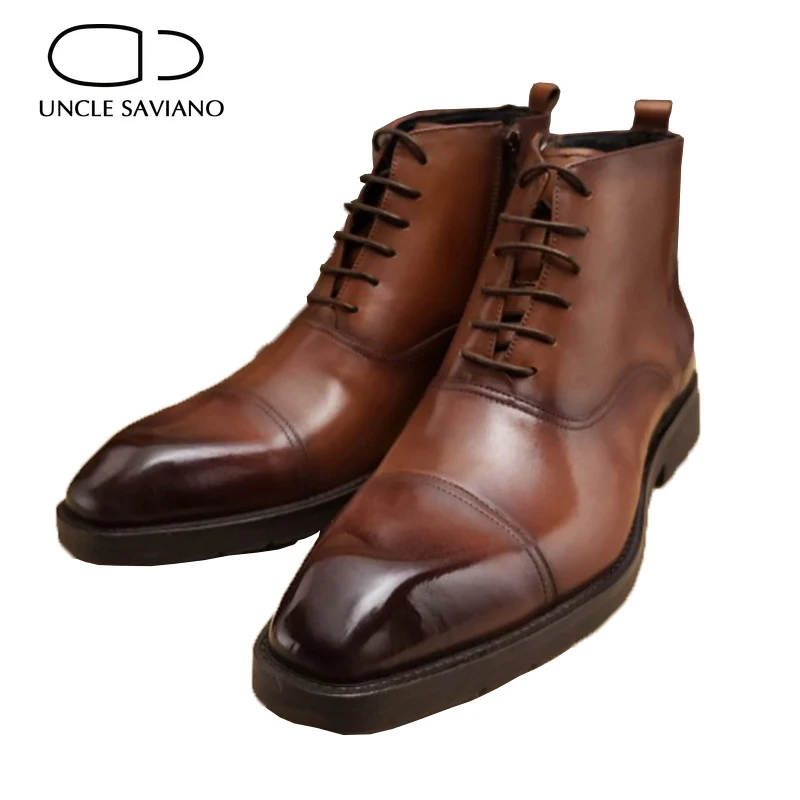 

Uncle Saviano Winter Black Mens Boots Shoes Genuine Leather Non-Slip Work Boots Fashion Designer Shoes for Men Add Velvet