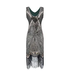 Women 1920s Flapper Dress Art Deco Great Gatsby Dress Vestidos V-Neck Sleeveless Flower Embroidered Tiered Fringe Sequin Dress