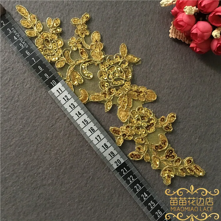 3Pairs/6Pcs Gold Glitter Lace Applique Flower Sequin Lace Fabric For Garment Wedding Accessories Cloth DIY Craft 22.5X8cm