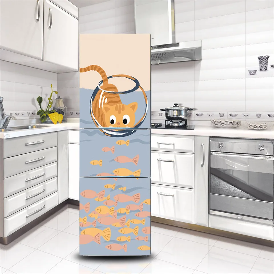 Gato dos desenhos animados peixes pvc geladeira adesivo auto adesivo papel de parede casa design decalque na porta da geladeira mural adesivo geladeira