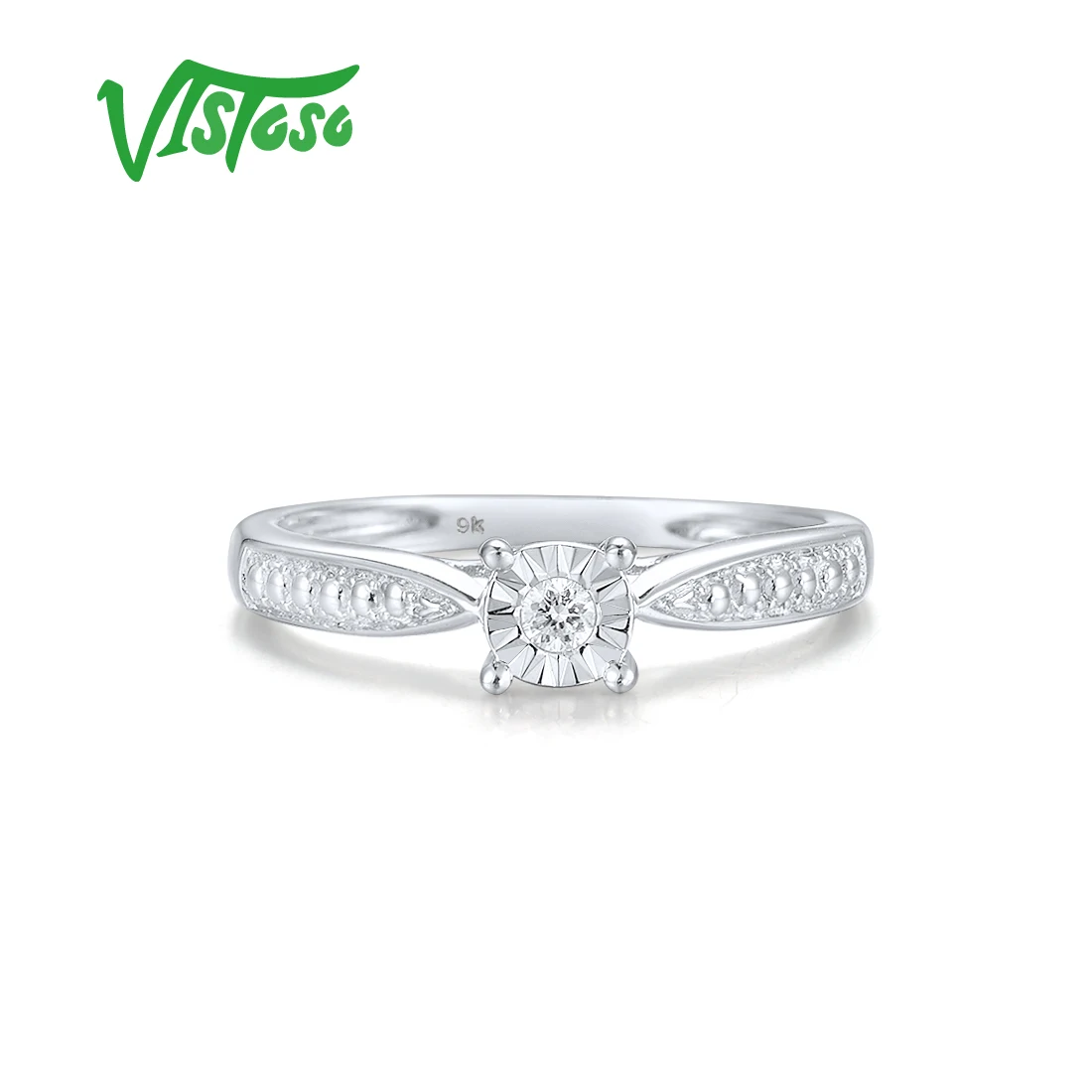 VISTOSO Gold Rings For Women 9K 375 White Gold Ring Sparkling Solitaire Diamond Classic Ring Engagement Wedding Fine Jewelry