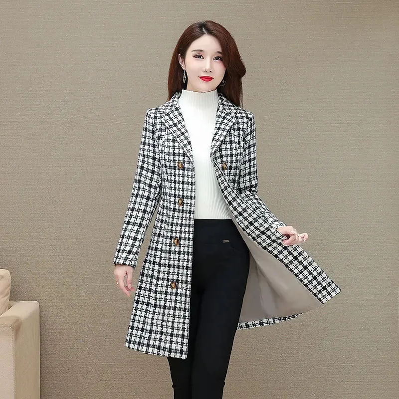 2024 New Elegant Women Winter Coat Quality Casual Warm Woolen Coat Female Mid-length lattice Outerwear Winter Jackets