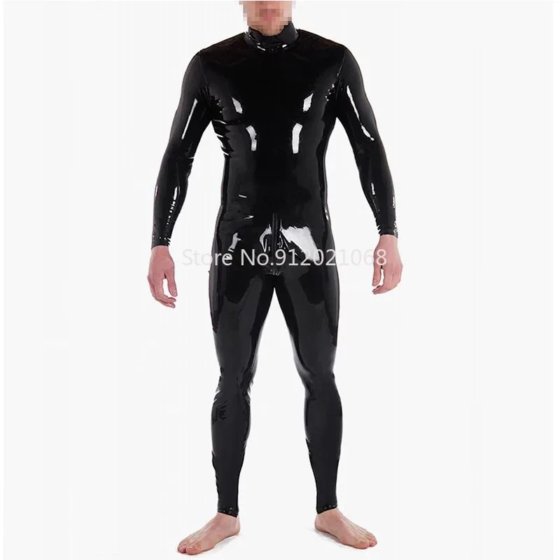 

Handmade Neck Entry Black Latex Catsuit Tights Bodysuit Zentai with Crotch Zipper Customize Tight Jumpsuit Men Cosplay Costumes