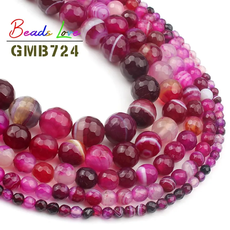 الحجر الطبيعي الأوجه الفوشيه مخطط العقيق الجزع جولة فضفاض الخرز لصنع المجوهرات قلادة سوار ذاتي الصنع بالجملة 15 بوصة #5