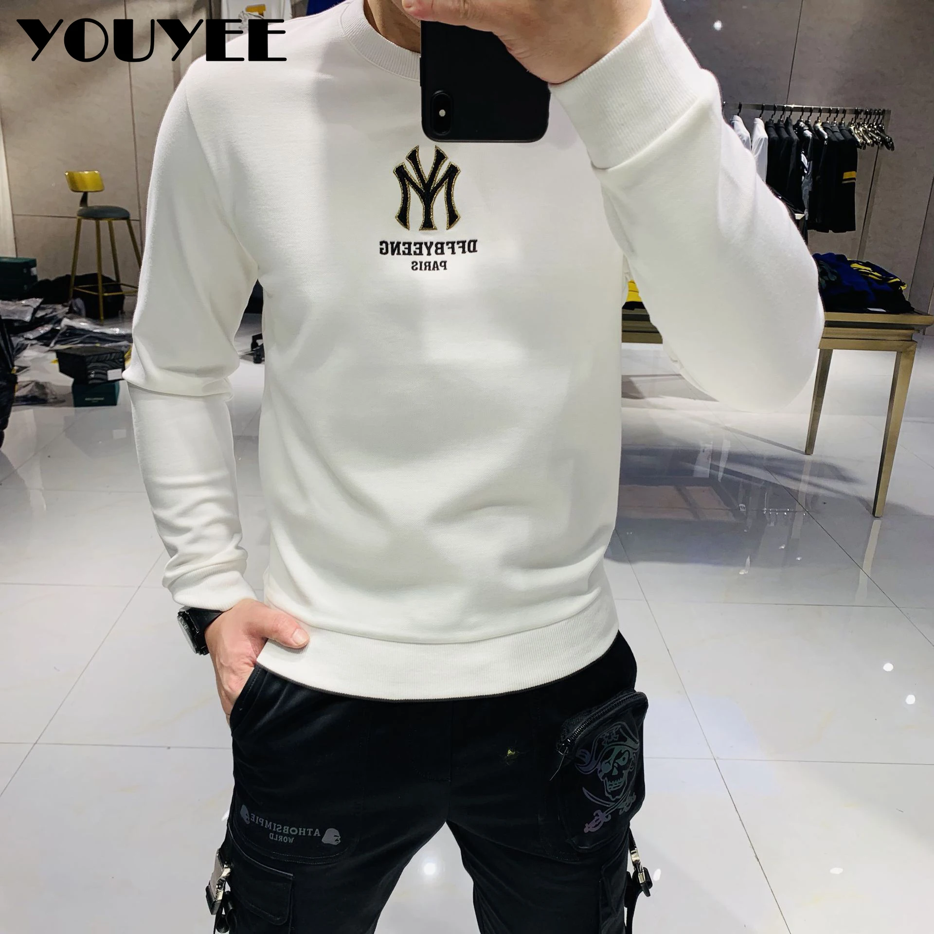 Erkek Slim fit Hoodies nakış Logo gençlik YOUYEE 2021 yeni moda yuvarlak boyun kazak erkek üst tek parça büyük boyutu M-4XL