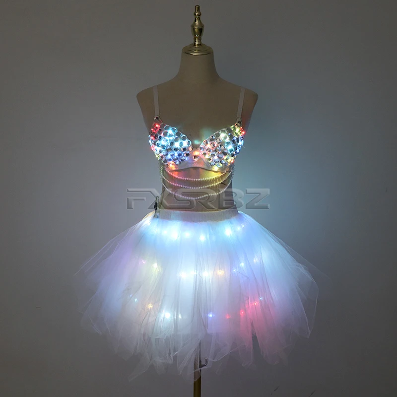 New LED Bra Tutu Skirt Colorful Flash Diamond Bra Belly Dance LED Skirt Christmas Dance Party Sexy Girl Light Up Costume