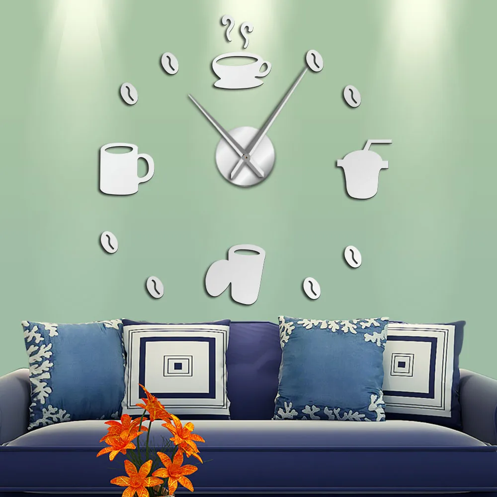 Coffee Bar Decorative 3D Wall Clock Kitchen Decor Cafe Hot Beverage Shop Coffee Beans Wall Art Decor DIY Super Big Wall Clock
