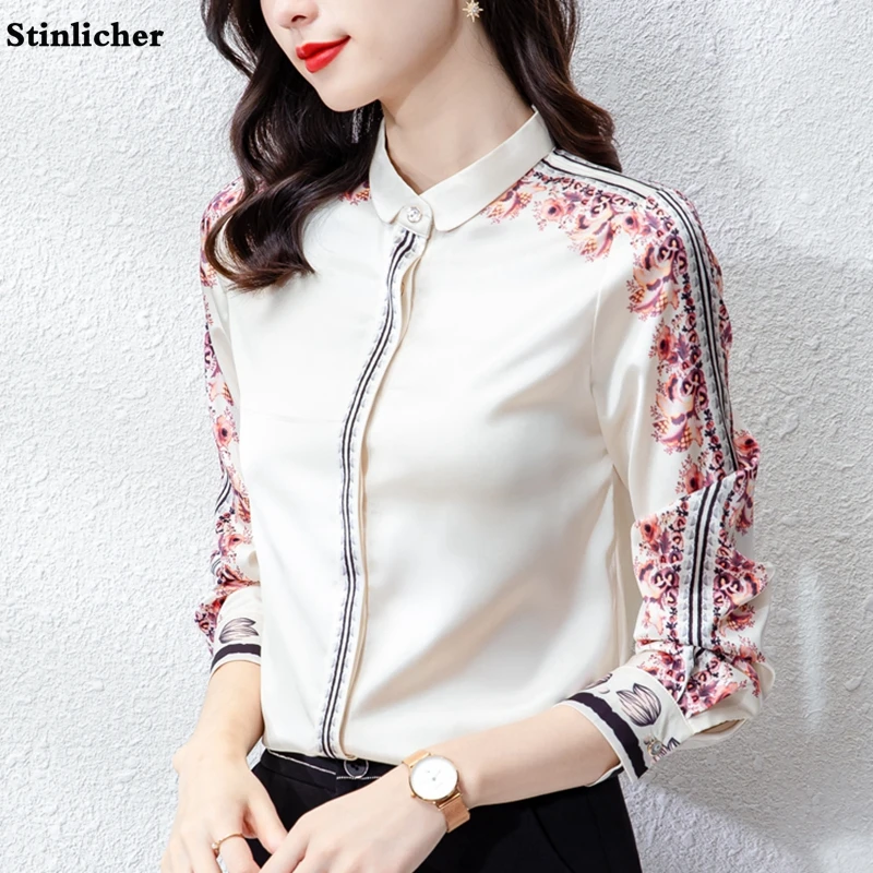 High quality floral print satin silk shirt women\'s blouses elegant spring autumn striped shirts office ladies work shirts tops