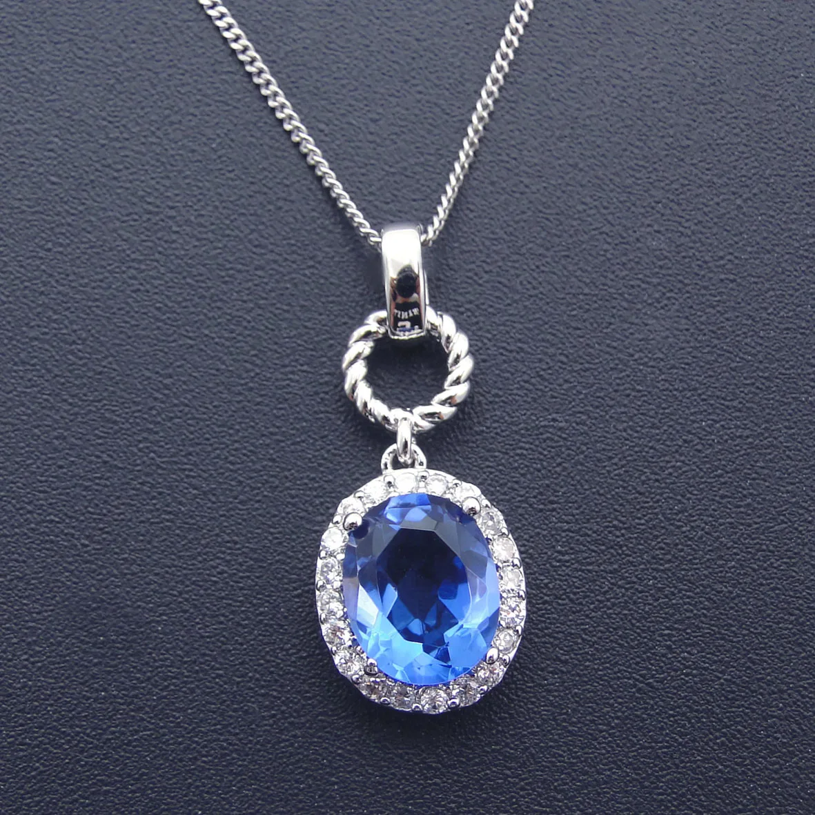 Blue Tanzanite White Topaz Brass Pendant Chain Necklace