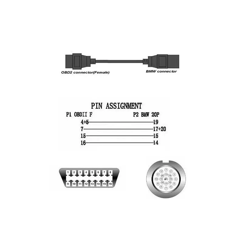 Black 20Pin to 16 Pin  Round Female OBD2 OBDII Diagnostics Converter Connector Adapter Cable For BMW Scanner Tool