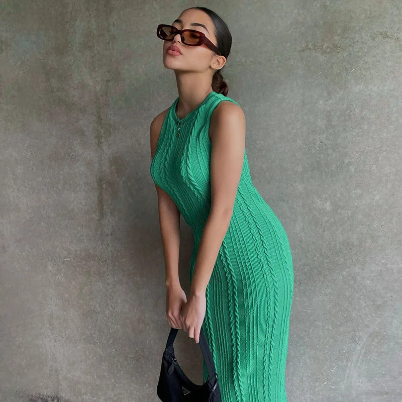 

New Summer Solid Color Knitted Sleeveless Round Neck Dress Women Outfits Streetwear Clubwear Casual Urban Bodycon Tank Dresses