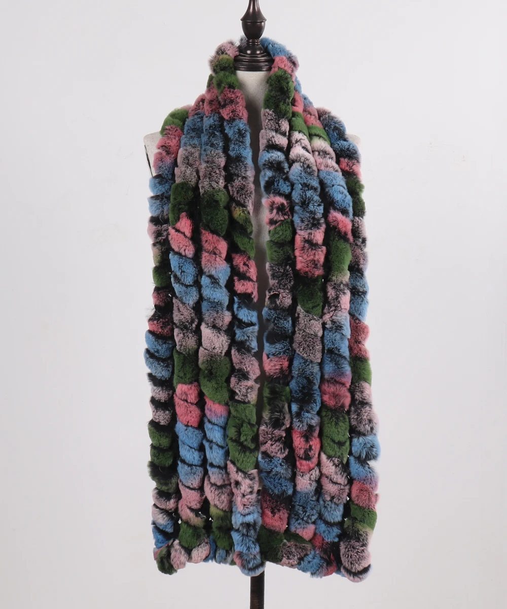 Neue Marke Gestrickter Modischer Damen Echt Rex Kaninchenfell Schal Frauen Winter Warmer Natürlicher Pelzschal Langer Stil Echter Pelz Halswärmer – Detail 25