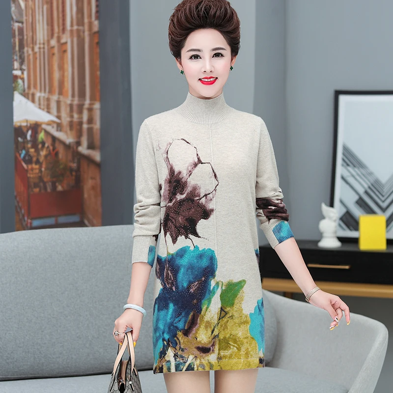 

Women Cashmere Dress 100% Wool Floral Printed Sweater Ladies Vintage Printing Knit Dress Pullover Sweater Dresses