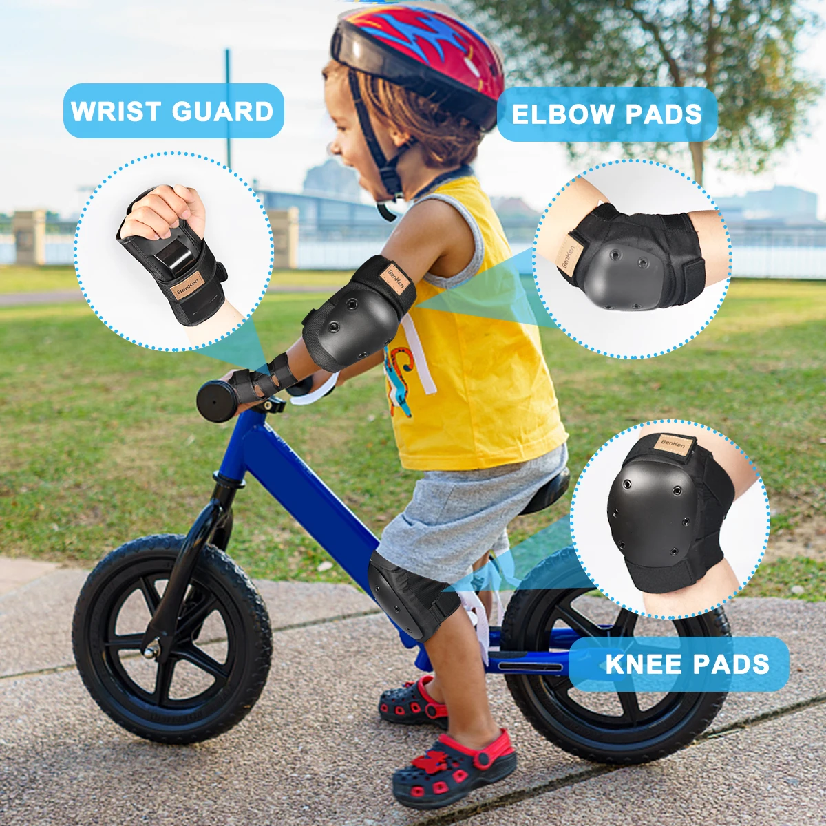 BenKen Kids Knee Pads Adjustable Cycling Protective Gear Drop Safety Elbow Pads Wrist Guard Child Roller Skating Protective Set