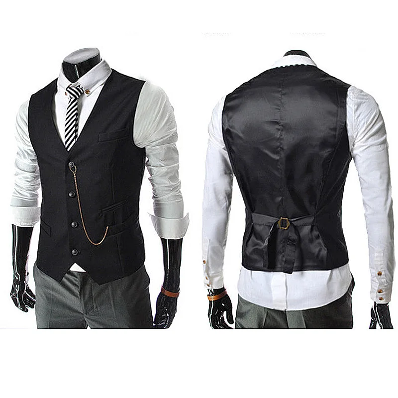 Retro Black Vest Mens Solid Chain Decoration Single Breasted Men Vests Victorian Vintage Slim Waistcoat Men Casual Vest