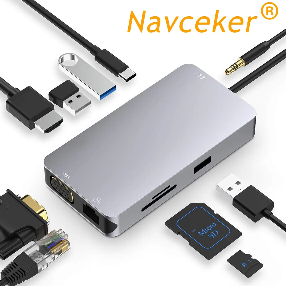 Navceker USB Type C to HDMI VGA Gigabit Ethernet Lan RJ45 Adapter for Macbook Pro Type-C USB-C Hub Card Reader USB 3.0 PD Port