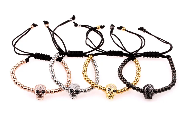 Classic Design Stainless Steel Beads CZ Pave Skull Charm Macrame Bracelet Men Women